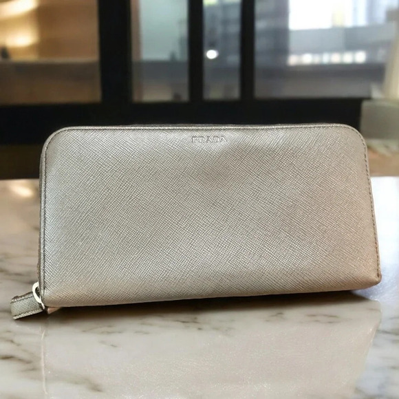 PRADA Gray Saffiano Leather Logo Embossed Zip-Around Long Wallet - Picture 1 of 13